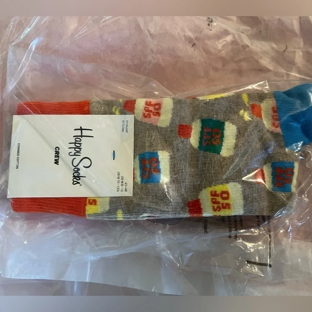 Happy Socks Mens Novelty SPF 50 Crew Socks Blue Red Beige::NWT::